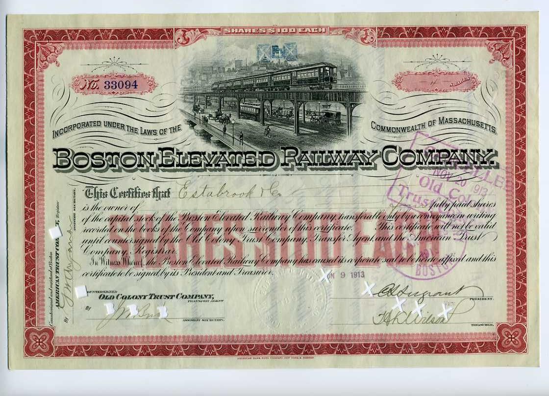 1913 Boston Elevated Railway Company Stock Certificate