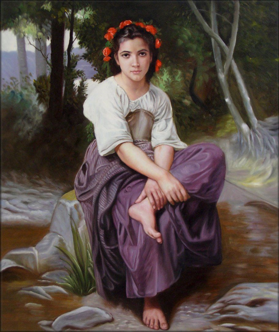 Framed Hand Painted Oil Painting Repro Bouguereau At Edge of River