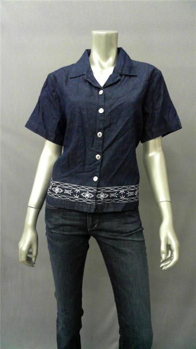 Adrian Delafield Petite PM Cotton Button Down Top Blue Solid Short 