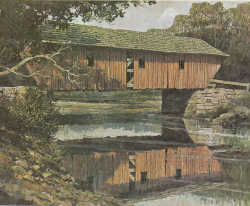 vintage 70s print Lovejoy Covered Bridge Elk River Maine by Eric 