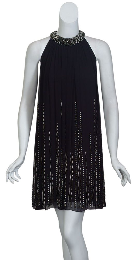 Aidan Mattox Black Silk Chiffon Beaded Swingy Trapeze Cocktail Eve 