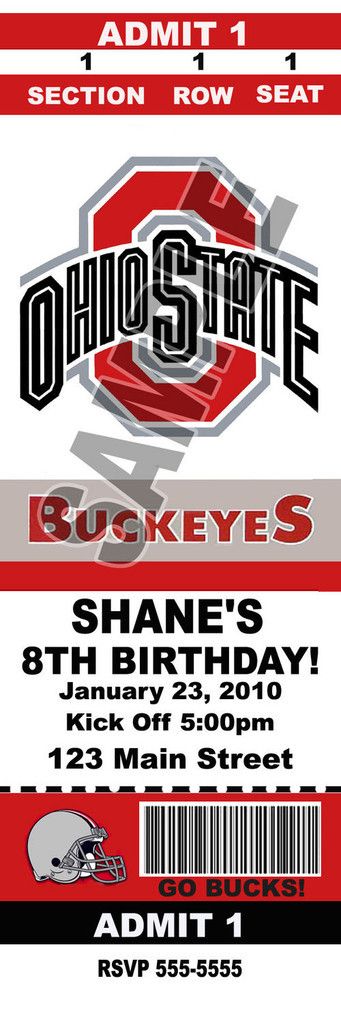 Custom Ohio State Football Birthday Party Invitations