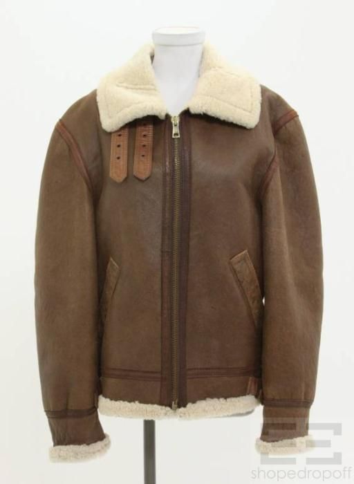 Alan Michaels Tan Leather Cream Shearling Lined Zip Front Jacket Size 