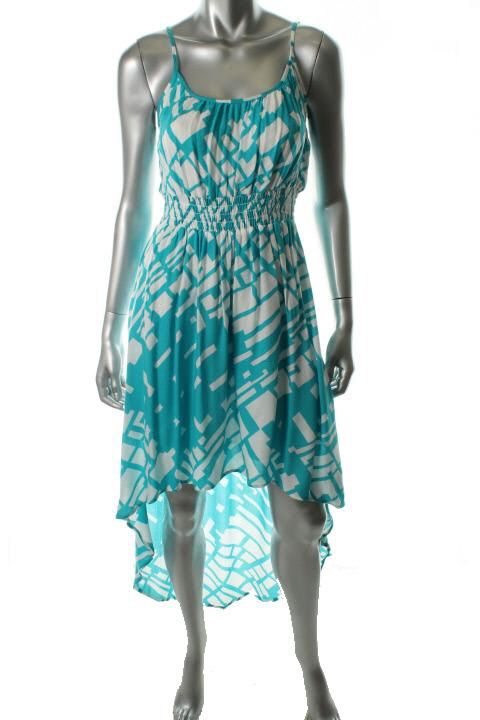 Akiko New Blue Printed Smocked Spaghetti Straps High Low Casual Dress 