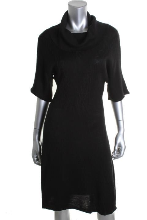 Tahari New Albert Black Ribbed Cowl Neck Dolman Sleeve Sweaterdress L 