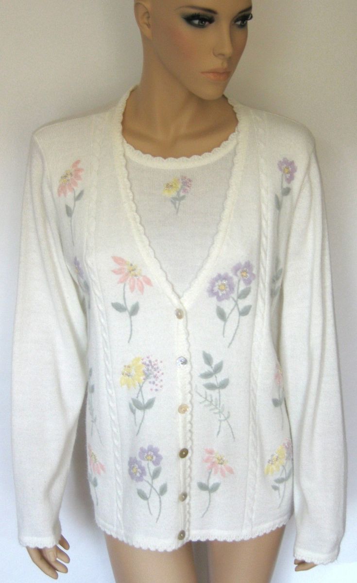 Alfred Dunner Jacket White Cardigan Sweater MEDIUM Top Pullover 10, 12 