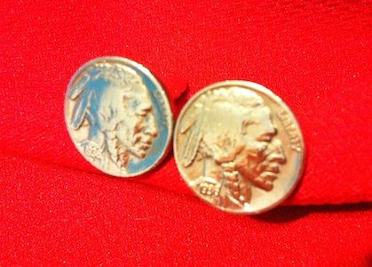 Antique 1936 U.S. Indian Head Buffalo Nickel Coin Cufflinks w/ Clear 