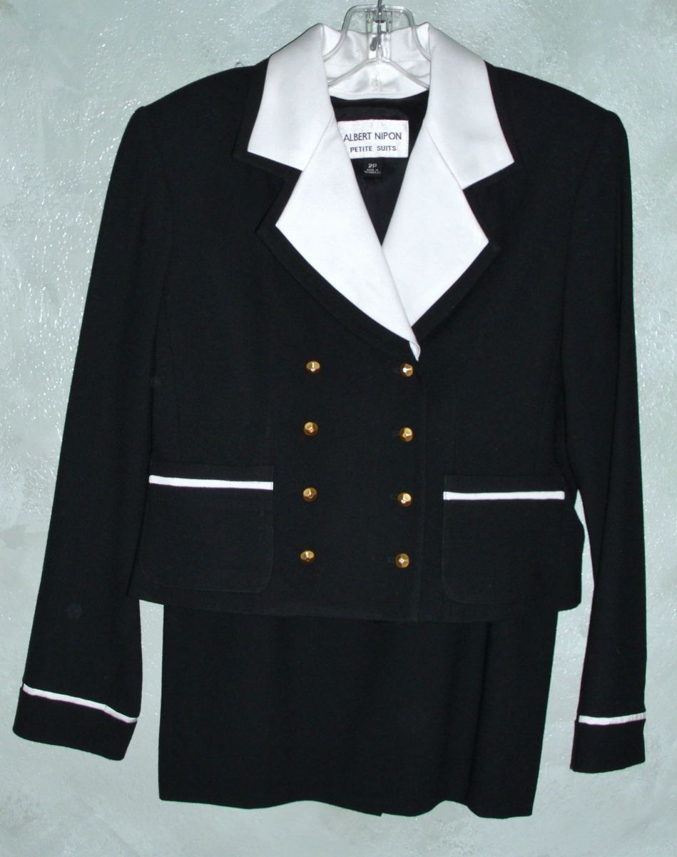 Albert Nipon Petites Suit Black Wool Crepe Skirt Suit White Removable 