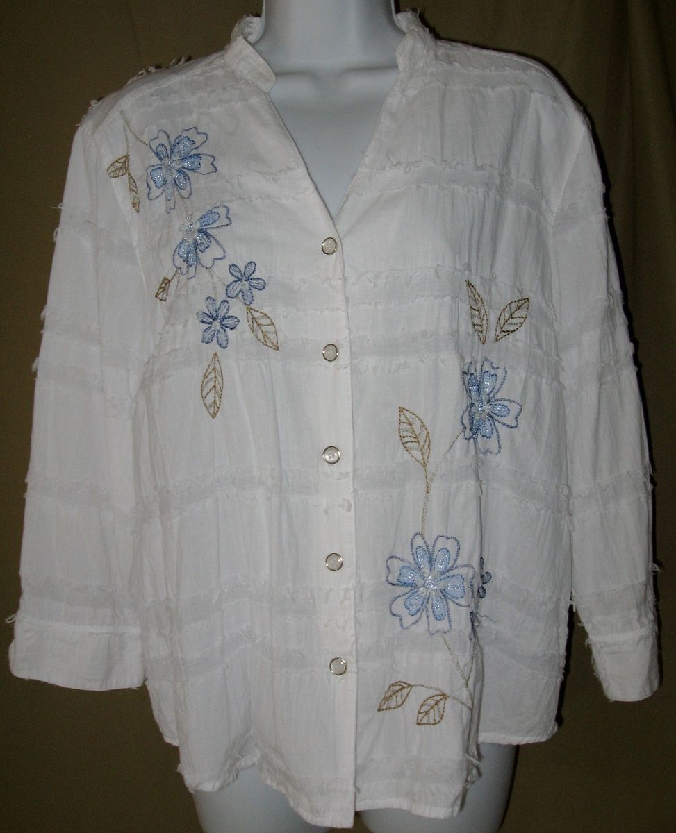 Alfred Dunner Womens Womens White Fringe Top Shirt Blouse Size 14 