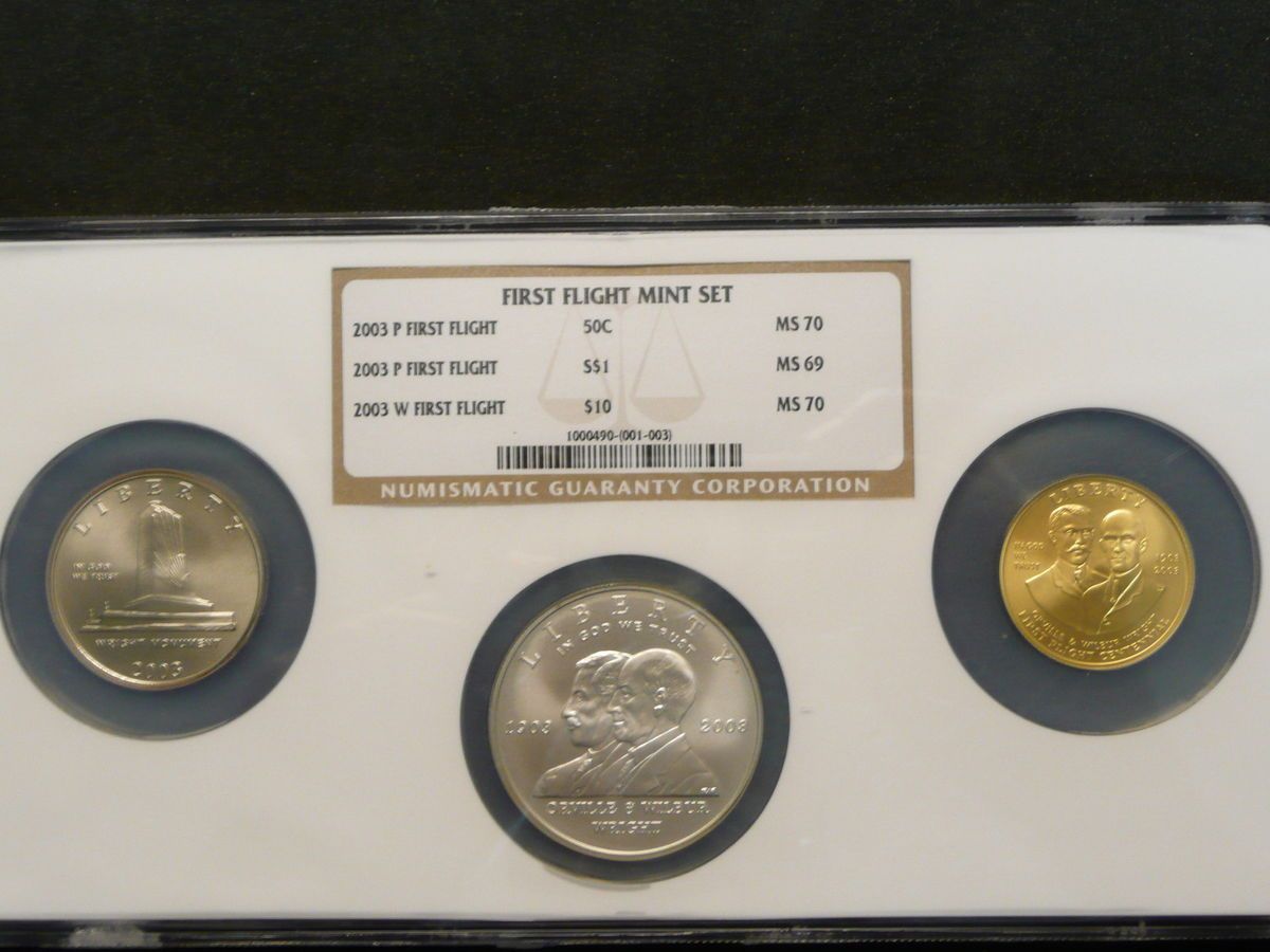 2003 FIRST FLIGHT 3 COIN MINT SET NGC MS70 10 GOLD NGC MS69 1 NGC MS70 