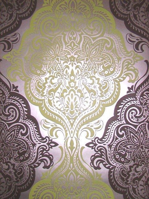 Stunning Lime Green and Chocolate Damask Wallpaper