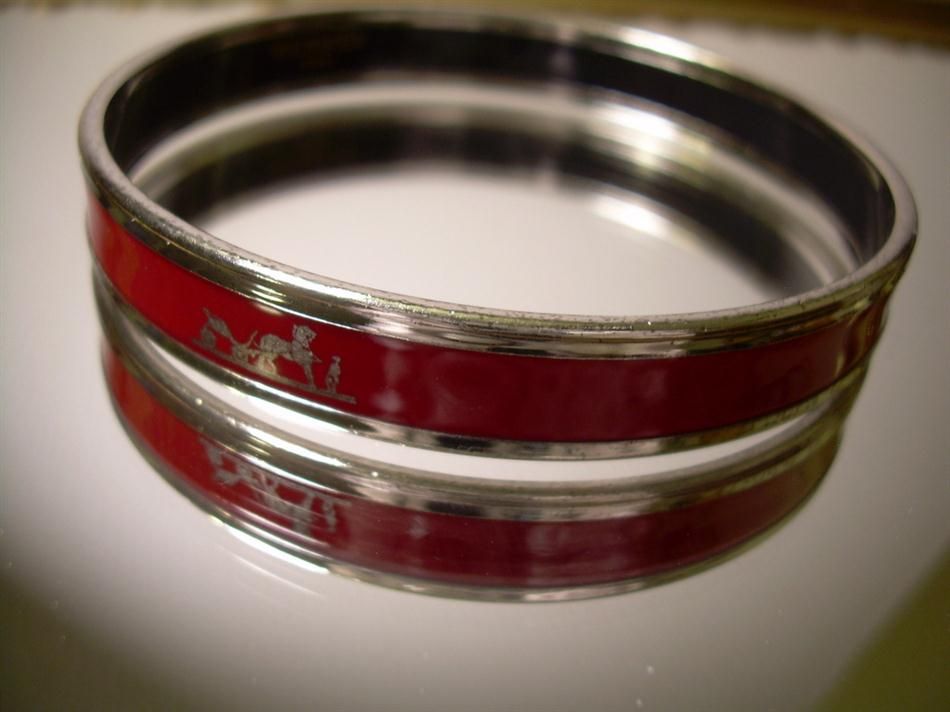 Hermes Caleche Bangle Bracelet Burgundy Red Enamel Silver Tone 