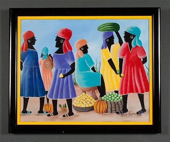 Wonderful ALIX BAPTISTE Acrylic on Canvas   HAITI Market Day   Signed 