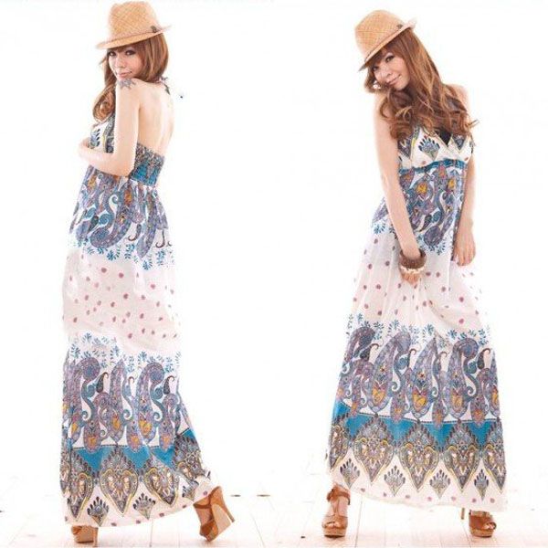 New Fashion Lady Womens Boho Exotic Summer Cotton Long Dress Blue 
