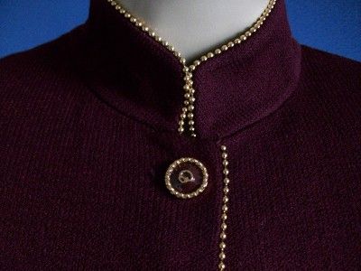 St John Santana Knit Burgandy with Gold Bead Trim Logo Buttons Jacket 