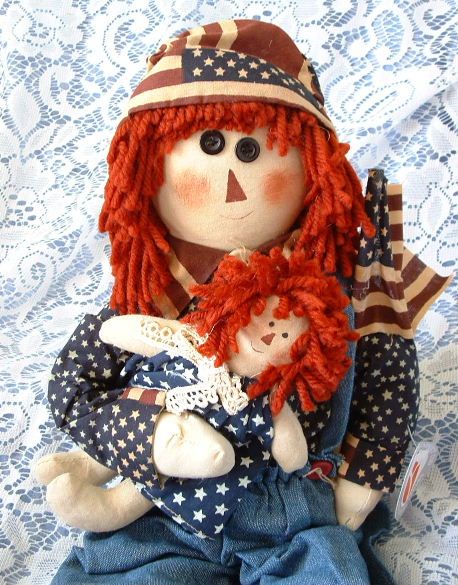   Patriotic Folk Art Raggedy Andy Doll w/ Old Glory flag & Ragdoll