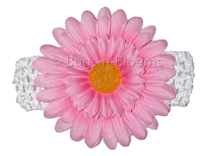 Pink Flower Girls Hair Gerbera Baby Infant Crochet White Headband 