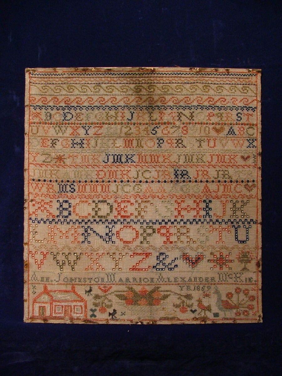 19th Century Linen Silk Sampler by Ann J M McKie 1862