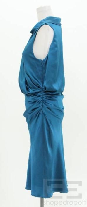 Anna Molinari Blue Crepe Silk Drape Cowl Neck Sleeveless Dress Size 44 