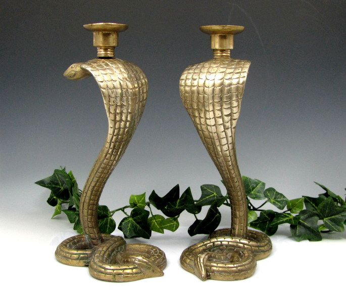 Vintage Cobra Snake Brass Candle Holders Egyptian Revival Figural 