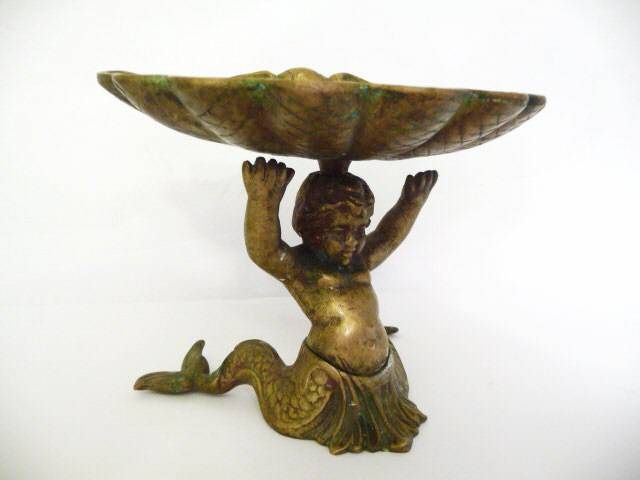 Antique Brass Soap Dish w Double Tailed Mermaid Creature