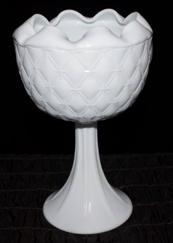 Vintage Milk Glass Compote Pedestal Bowl Dish Quilted