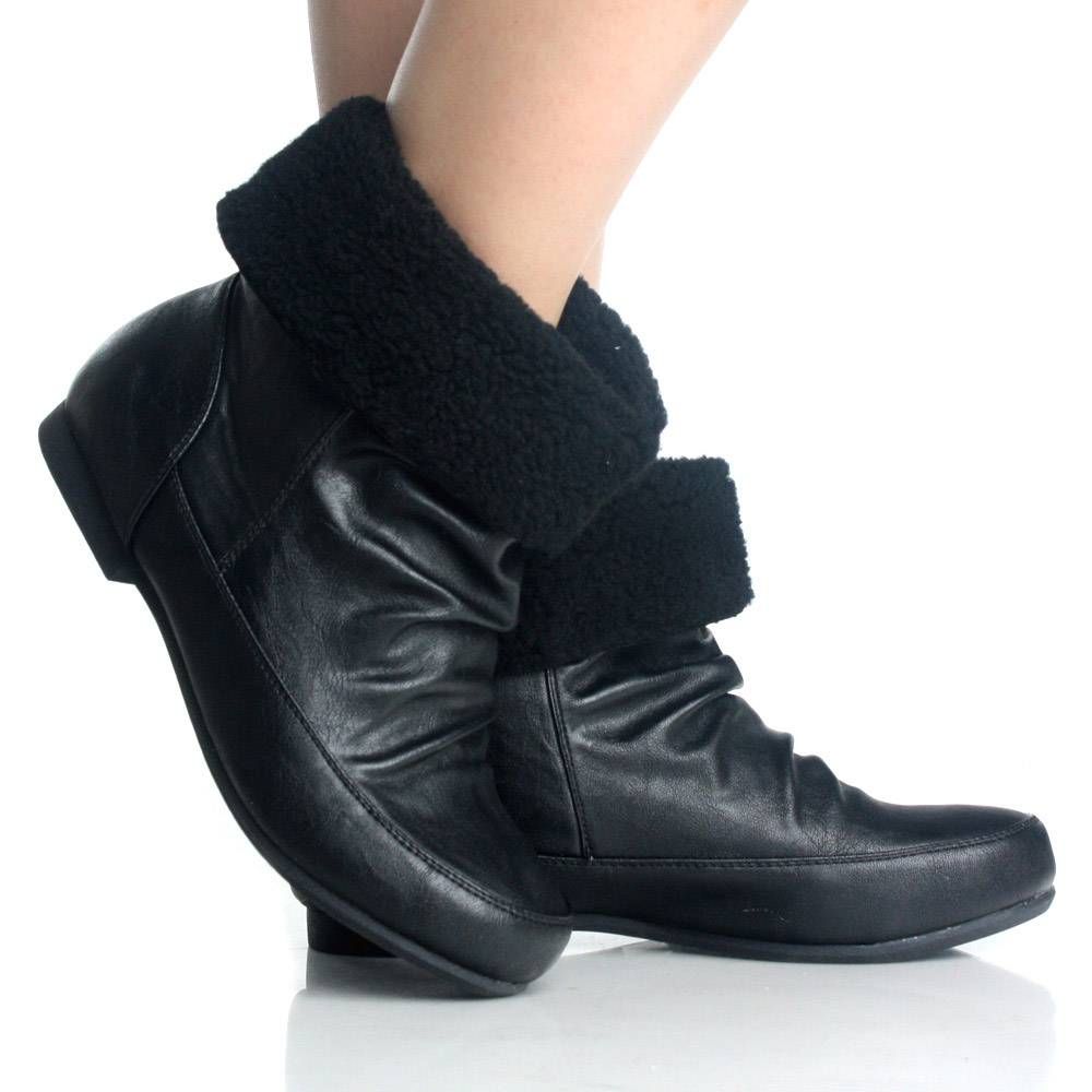 Flat Ankle Boots Winter Fur Motorcycle Biker Black Womens Dress Shoes 