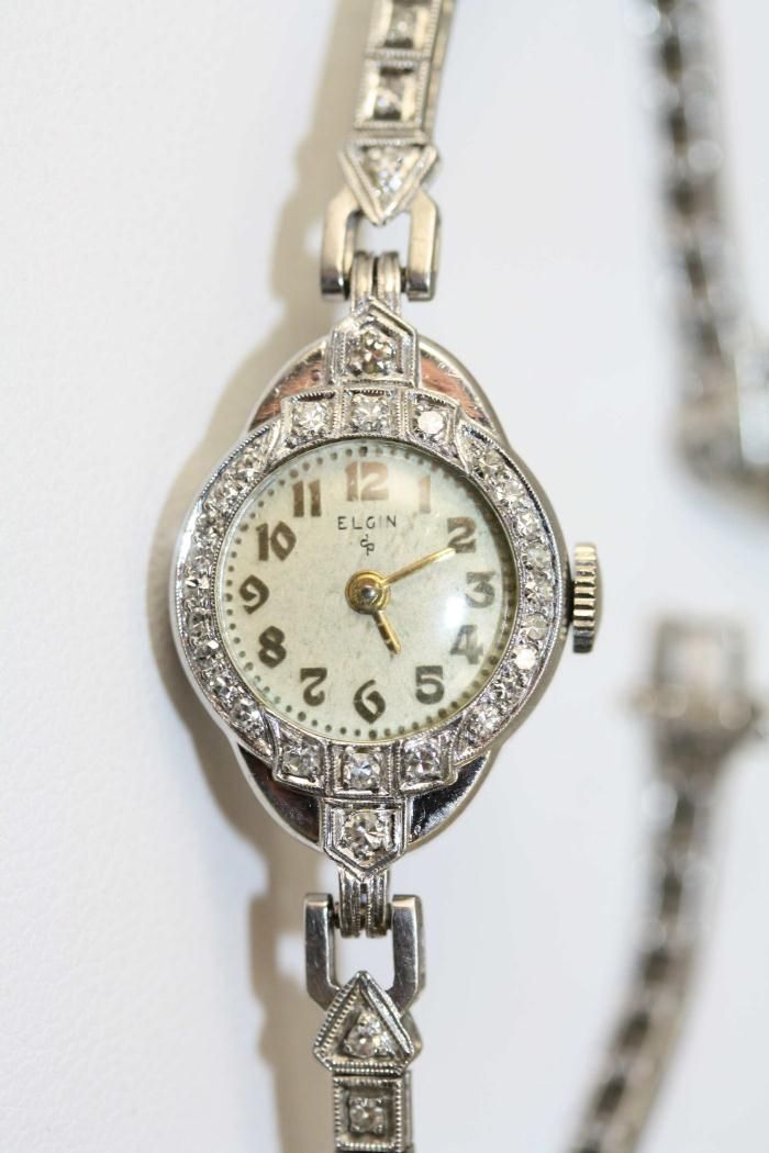 Antique Art Deco Platinum Diamond 17 Jewel Lady Elgin Wrist Watch 