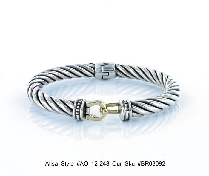 Alisa AO 12 248 Hinged Cable Silver Cuff Bracelet w An 18K Yellow Gold 