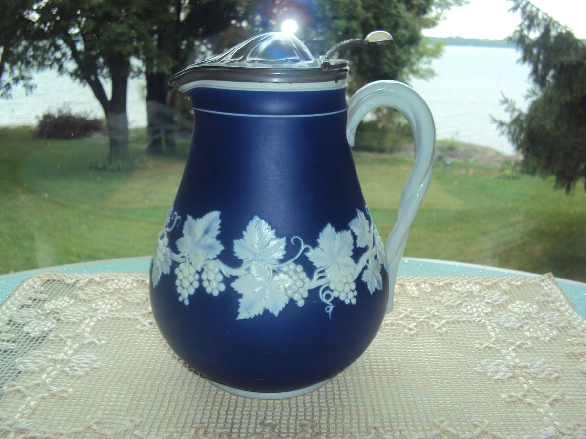   ANTIQUE DUDSON DARK BLUE JASPERWARE ATKIN PEWTER LID SYRUP PITCHER JUG