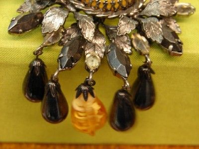 Unsigned Schreiner Pin Pendant ARY Glass Hematite Huge 3 1 4 Brooch 