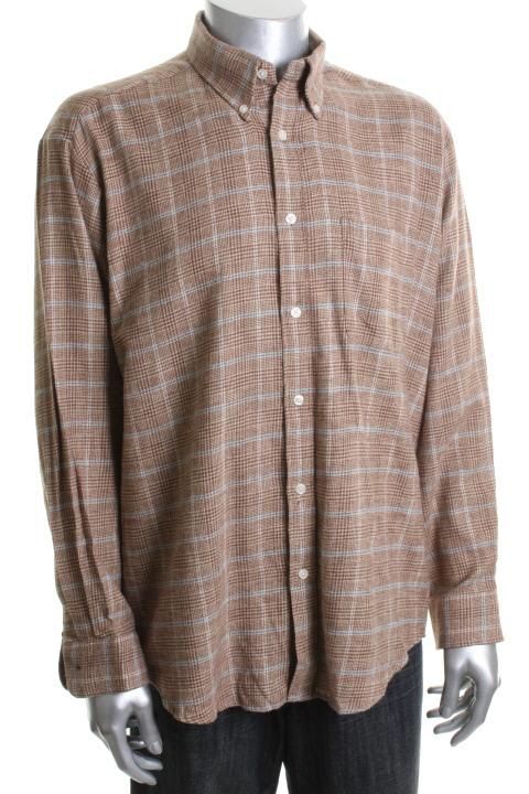 John Ashford New Brown Flannel Long Sleeve Glen Plaid Button Down 