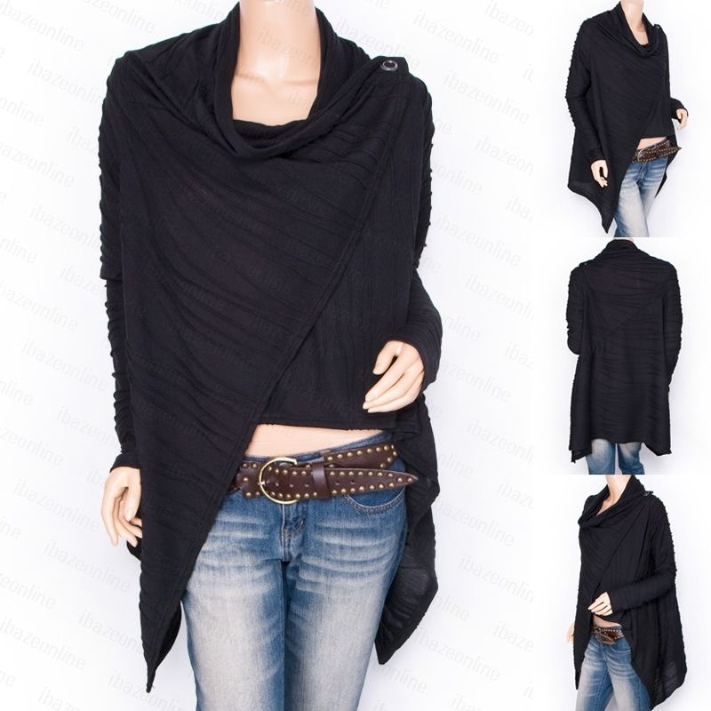 Trendy Black Asymmetric Hem Draped Neck Long Sleeves Wrap Shirt Blouse 