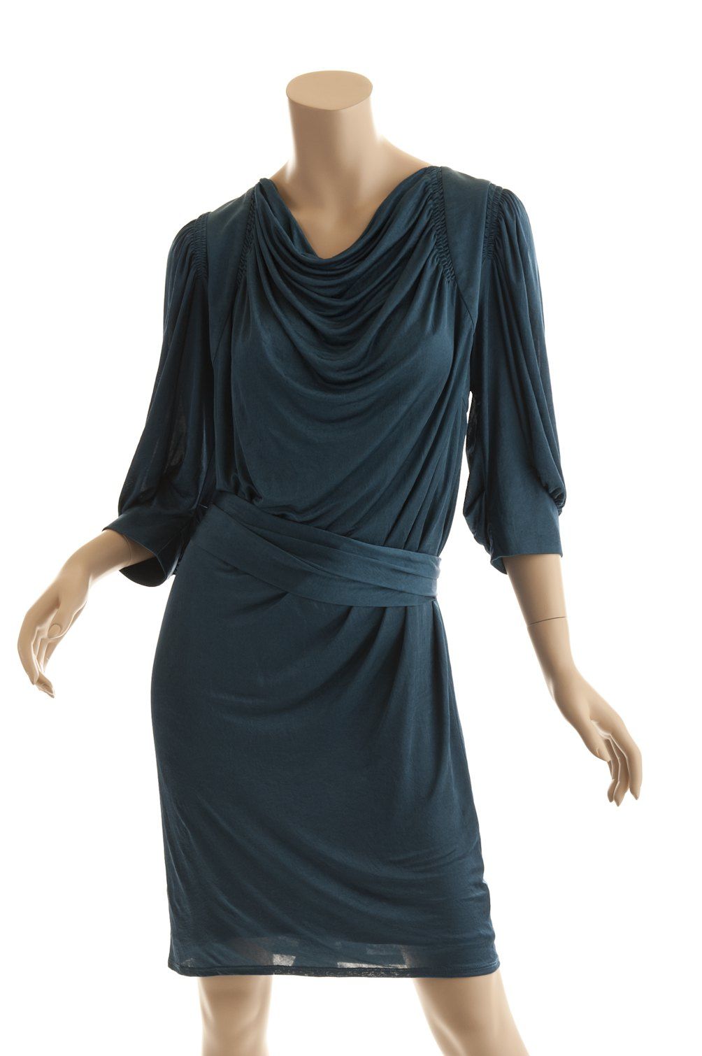 BCBG Max Azria Runway Collection Shirred Shoulder Teal Blue Dress Size 