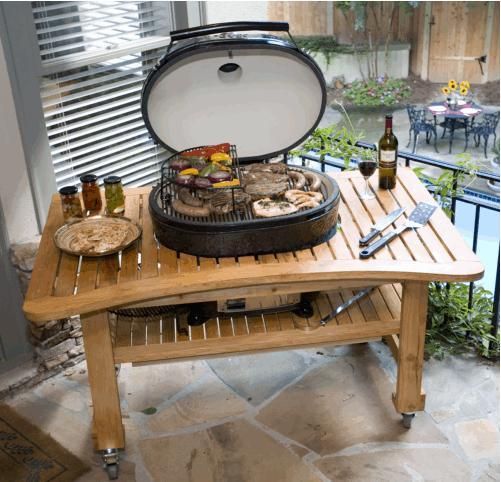   Oval XL Charcoal Smoker BBQ Grill Teak Table 2 Extended Cooking Racks