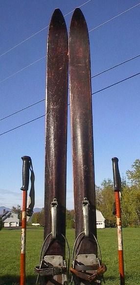 Vintage Set Antique Wooden 80 Skis with Bamboo Poles