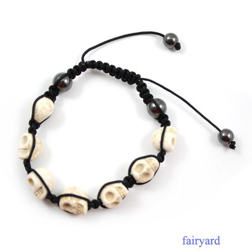    White Skull Craft Beads Braid Adjustable Bangle Bracelets Wristband