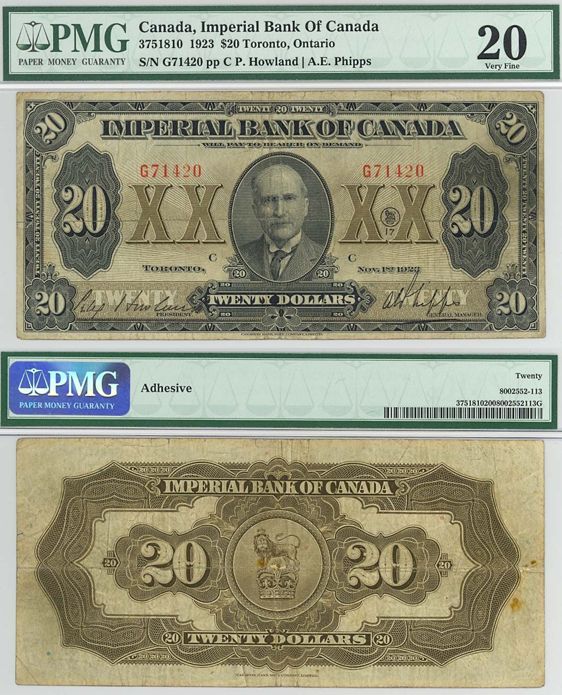 Imperial Bank of Canada 1923 $20 Toronto PMG 20 VF