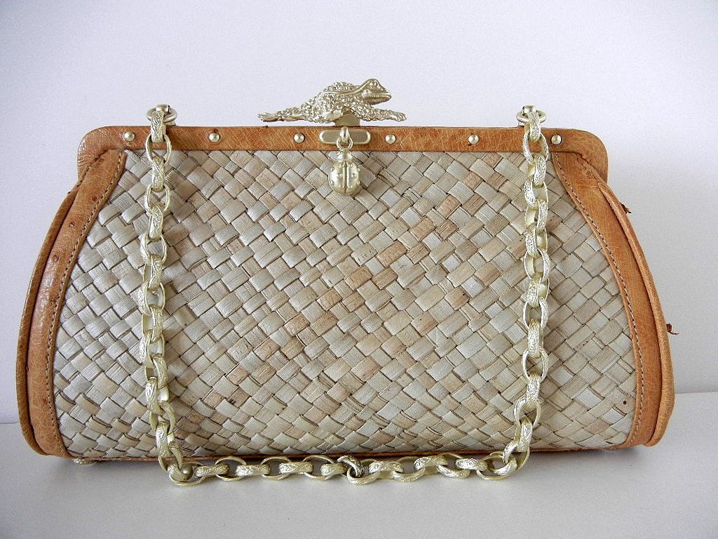 Barry Kieselstein Cord Bag Wicker Ostrich Gold Frog