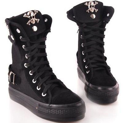 womens black canvas lace up high top flat skull rivet