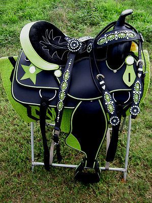 14 WESTERN CORDURA TRAIL BARREL PLEASURE SADDLE LIME GREEN STAR TACK 