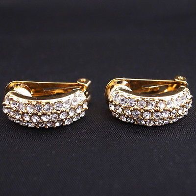 18K gold gp diamond paved clip on hoop studs huggie earrings non 