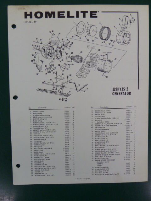 VINTAGE HOMELITE GENERATOR PARTS LIST MANUAL 119 HY 35   2 NO. 24354