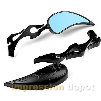 2x Black Billet Flame Teardrop Mirrors For Honda Suzuki Kawasaki 