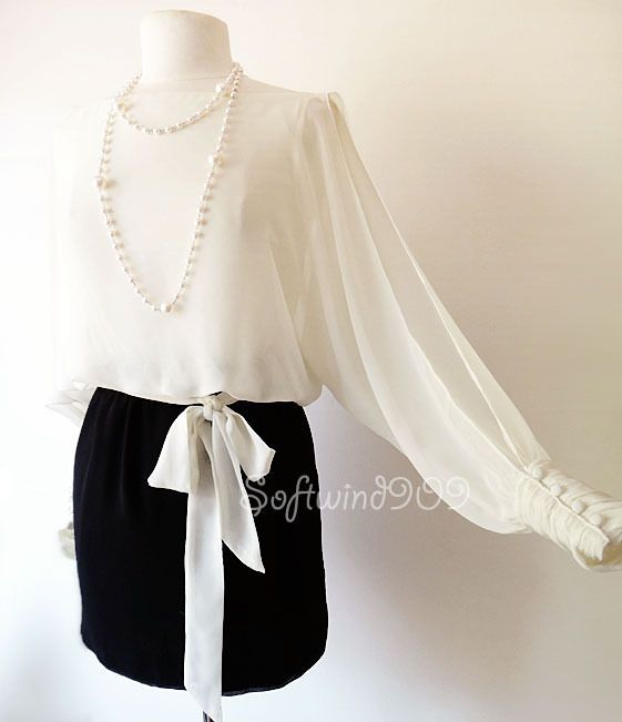 NEW Forever 21 Ivory/Black Sheer Open Slits Poet Batwing Sleeve 