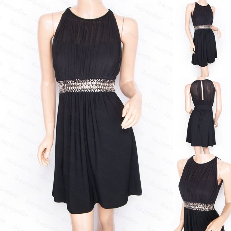 Elegant Black Ruched 2 Layers Silver Studs Sleeveless Party Evening 