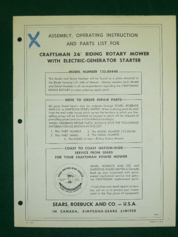 craftsman 26 riding mower parts manual 123 88440 time left