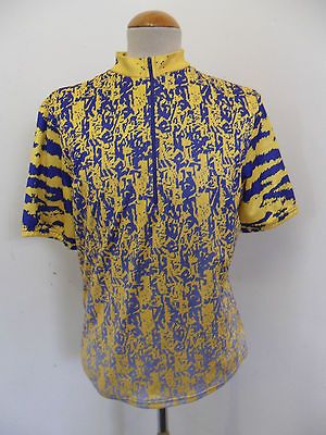 VTG DECATHLON BLUE YELLOW PATTERNED BIKE CYCLING JERSEY L R35