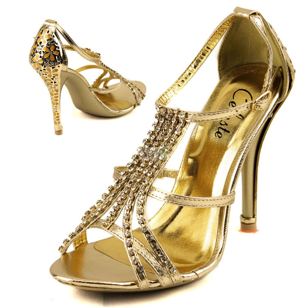 Gold Elegant Evening Bridal Dress Shiny Rhinestone Stilettos Sandal 