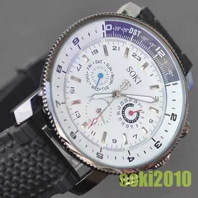 New SOKI White Day Date Automatic Mechanical Analog military Mens Band 